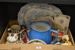 A carton of assorted ceramic items including a large blue Kent water jug, a blue and white