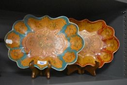 A pair of mid-20th Century Japanese hand painted papier mache dishes of scalloped outline, decorated