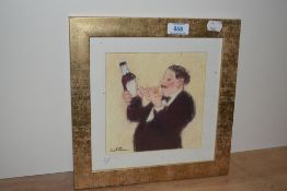 A print depicting a happy drinker, framed and glazed 28cm x 28cm.