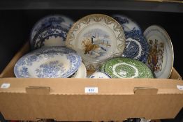 A carton of assorted plates including a small selection of Barratts 'Old Castle' dinner ware in