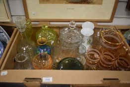Two cartons of glass and ceramics items including a mid-century ringed gold plated lemonade jug