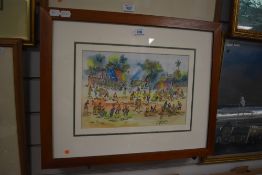 20th Century Asian School, watercolours, Two busy street scenes depicting vendors, signed, framed,