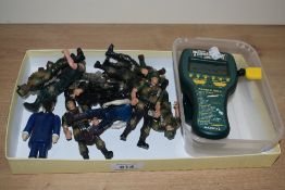 A 1990s Radica Sport Trout Fishin' hand held game and a selection of plastic army figurines