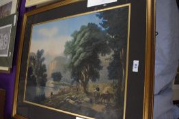 19th/20th Century, coloured print, An idyllic Continental landscape with figures by a lake, artist