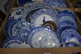 Two cartons of mainly blue and white ware plates including Spode Italian etc.