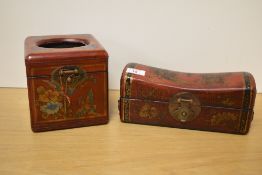 Two modern Oriental design and brass mounted boxes, one for holding tissues, each with typical brass