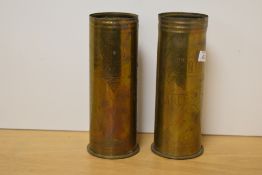 A pair of Trench Art Brass Shells dated 1916 & 1917 decorated Souvenir from France 1914-1919 and one
