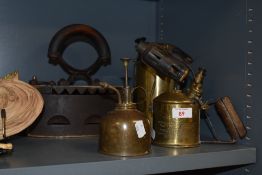 A Max Sievert of Stockholm brass blow torch, measuring 18cm high, two Victorian brass garden