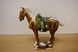A Chinese Sancai glazed Tang style horse study 26cm flake/rub to ear.