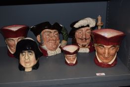 A group of five Royal Doulton bone china character jugs, four large and one smaller, comprising