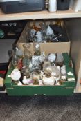 Two boxes of vintage miniature oil lamps in varied designs and colourways.