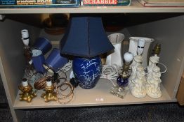 A 20th Century Chinese cobalt blue table lamp, with bamboo design and measuring 43cm with shade,