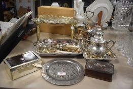 A selection of plated ware and flatware comprising a small oak jewel box with decorative scroll work