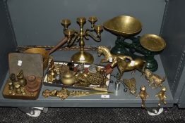 A set of green enamelled Ibrasco kitchen scales, measuring 23cm high, together with an assorted
