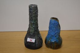 Two unusual art/studio pottery vases, textured with dripped glaze, the smaller of partially folded