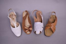 Four pairs of 1940-1960s low heeled summer sandal shoes. A pair of Lotus open-toe sandals in tan