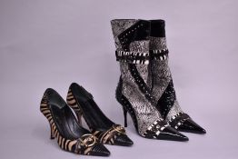 Two pairs of 2000s animal-inspired stiletto heels. A pair of Karen Millen stiletto court shoes in