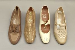 Four pairs of 1960-1980s ladies shoes in casual styles and neutral tones. A pair of Nil Sim-il-e