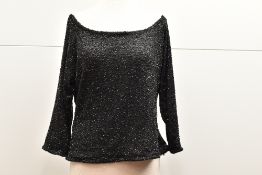 A Brilliante by J.A., black beaded scoop / Bardot neck top, layered mesh fabric, with three
