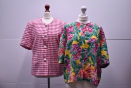 Seven pieces of multicoloured 1980s ladies spring and summer clothing. A Nightingales Ltd button