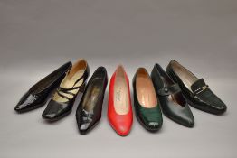 Seven pairs of 1970-1990s ladies vintage low-heeled formal shoes. A pair of Cellini Italian made