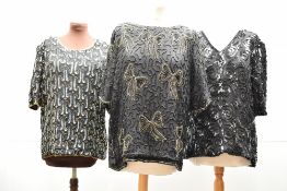 Three 1980's beaded short sleeved tops, a Kuku 1980's beaded short sleeved top, petrol sequins in