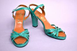 A pair of 1970's Valentino 'Vanity Girl' high-heeled strappy sandals, in jade green snakeskin
