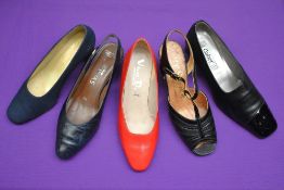 Five pairs of 1960-80's style women's evening shoes. A pair of Van Dal court shoes, in the style