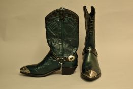 A pair of rare cowboy boots in forest green genuine leather, subtly metallic, having emerald