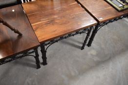 A group of three metal framed and Mexican pine topped coffee tables, one rectangular and two of