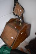 A 19th Century oak coal purdonium, bellows and fire screen