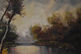 20th Century School, oil on canvas, An idyllic tree lined river scene in autumn, signed indistinctly