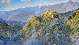 20th Century, watercolour, A Continental landscape depicting a viewpoint over tree covered hills and