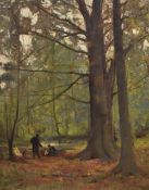 Fred Yates (1854-1919, British), oil on canvas, Two figures beside a small fire within a wooded
