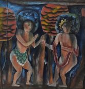 20th Century Chinese School, watercolour, Figures within a semi-abstract and stylised landscape,