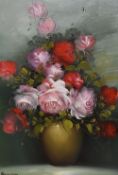 20th Century School, oils on board, Two still life arrangements - Roses in vases, signed
