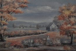 20th Century Continental School, coloured print, A French landscape with pink blossom, framed,