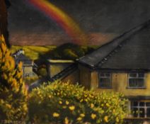 Tom Dearden (1942-2020, British), mixed media, A colourful view from a window with rainbow, signed