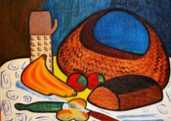 20th Century School, oil on board, A still life arrangement - A loaf of bread, fruit, flask, and a