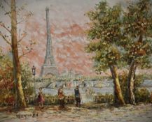 M. Church (20th Century), oil on board, A Parisian scene featuring the River Seine and the Eiffel