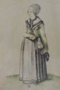 After Albrecht Durer (1471-1528, German), coloured print, 'Lady at Home', framed and under glass,