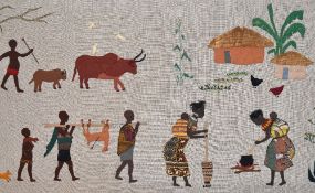 20th Century African School, needlework embroidery, a hand stitched design featuring African every