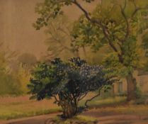 Florence R. Walker (20th Century), watercolour, 'Sawley Village Orchard' - Trees beside a garden