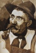 20th Century School, watercolour, A shoulder length portrait of a Bavarian man smoking a pipe,
