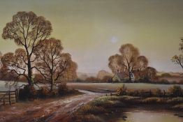 W. Reeves (20th Century), oil on canvas, A sunlit countryside landscape with cottage in the