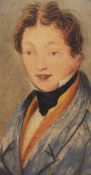 19th Century School, a portrait miniature of a young gentleman wearing a blue overcoat, set within