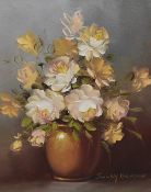 Sally Benson (20th Century), oil on canvas, A still life arrangement depicting a vase of flowers