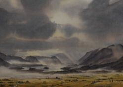 J. Ingham Riley (20th Century, British), watercolour, A lake landscape with low cloud, signed to the