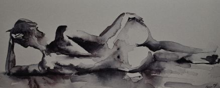 20th Century, coloured print, A life study depicting a reclining nude, framed, measuring 44cm x