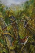 Kevin Hockaday (Contemporary, British), oil, A wren beside a fence, initials to the lower left,